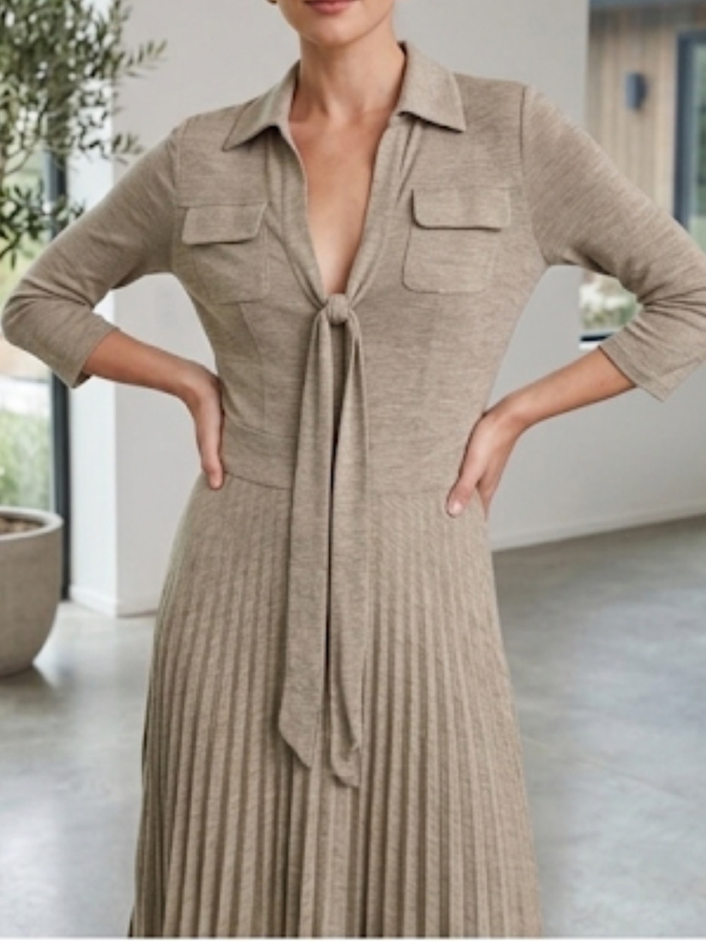 Theory Tan Pleated Tie-Front Dress Small Quiet Luxury Minimalist